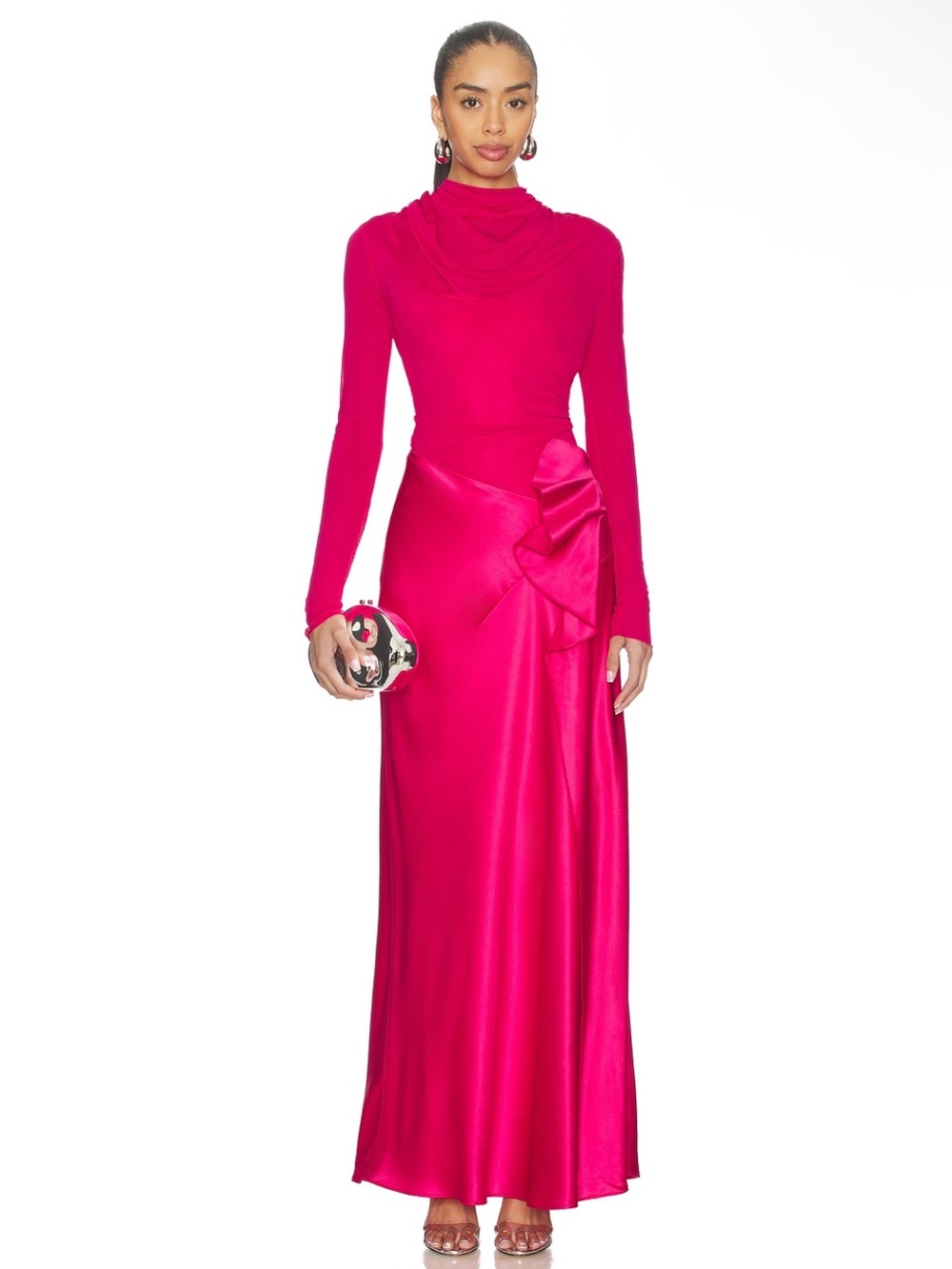 Acler Bettyhill Side Drape Maxi Dress Long Sleeve Gown in Magenta Hot Pink Size